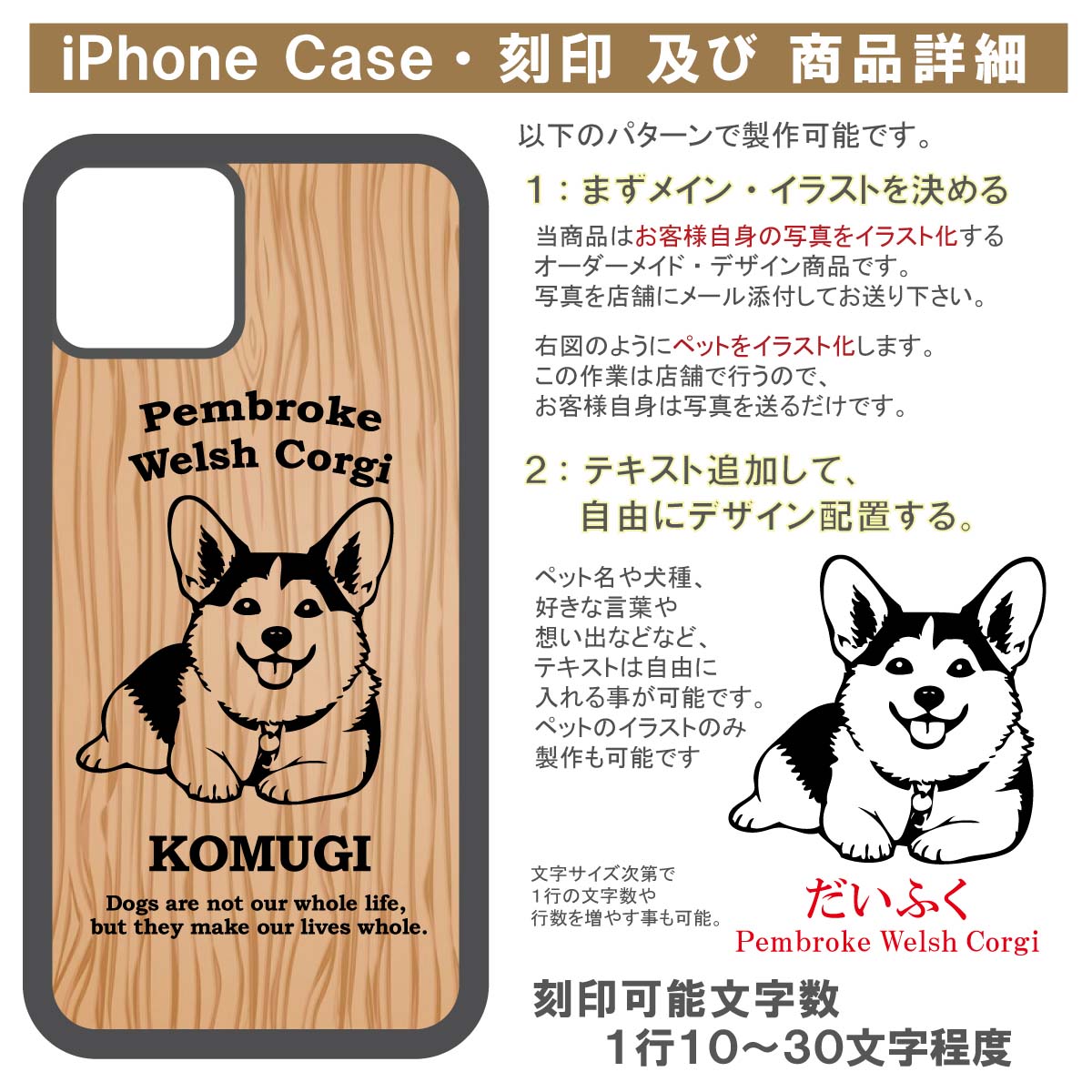 ペット写真イラスト化・木製iPhone・スマホケース  　刻印&商品詳細